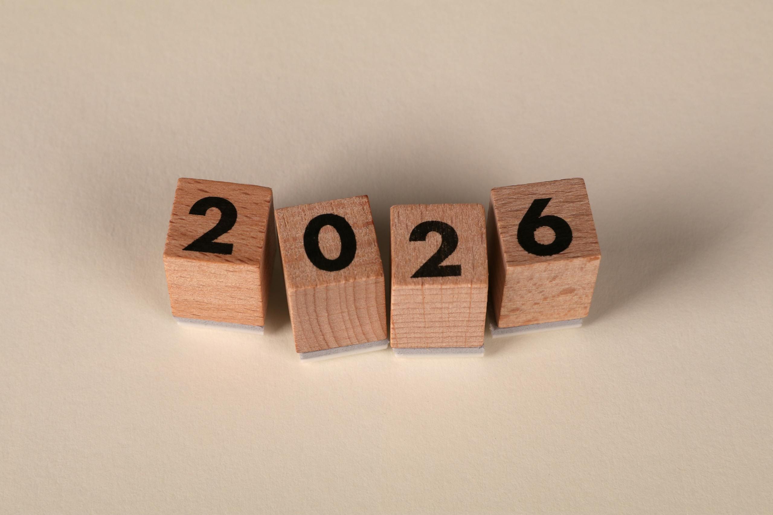 2026 Calendar Year shown via wooden cubes